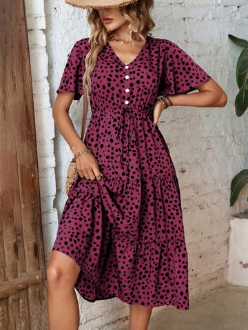 Alonic Fab Berry Bliss Polka Dot Midi Dress
