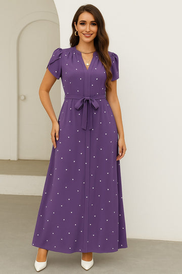 Alonic Fab Purple Heart Print Maxi Dress with Waist Tie