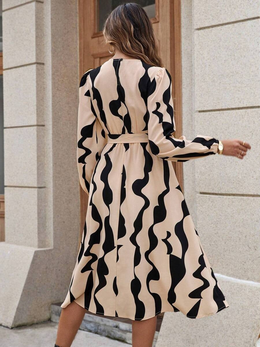 Alonic Fab Beige & Black Abstract Print Midi Dress with Belt"