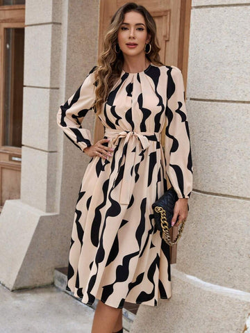 Alonic Fab Beige & Black Abstract Print Midi Dress with Belt"