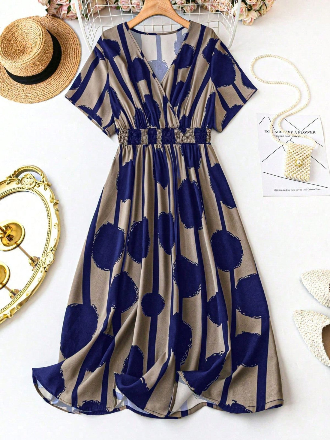 Alonic Fab Classic Navy Dot V-Neck Midi Dress