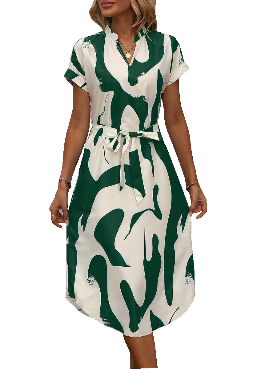 Alonic Women's Green and White Printed Midi Dress with Belt, V-Neck | One Piece Dress for Women | Beach Dress for Women