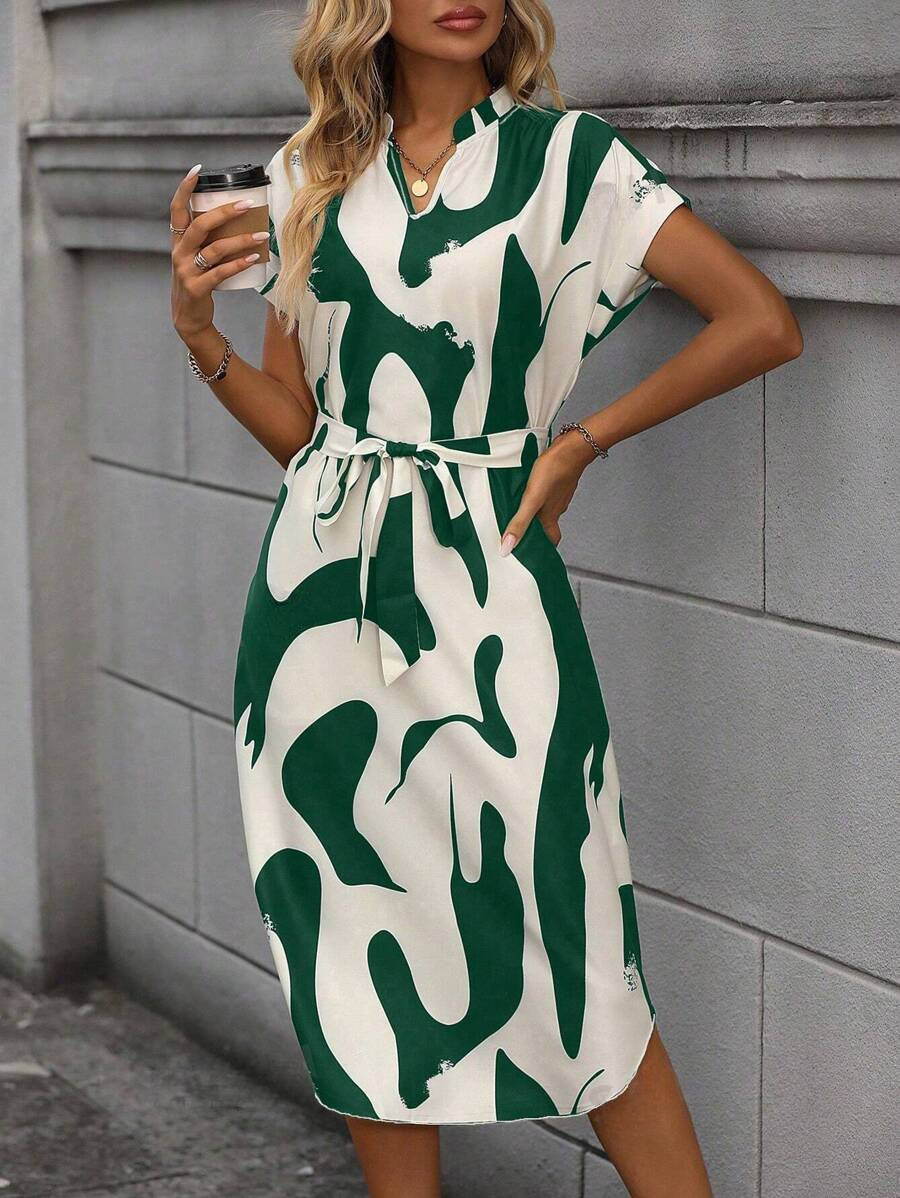 Alonic Women's Green and White Printed Midi Dress with Belt, V-Neck | One Piece Dress for Women | Beach Dress for Women