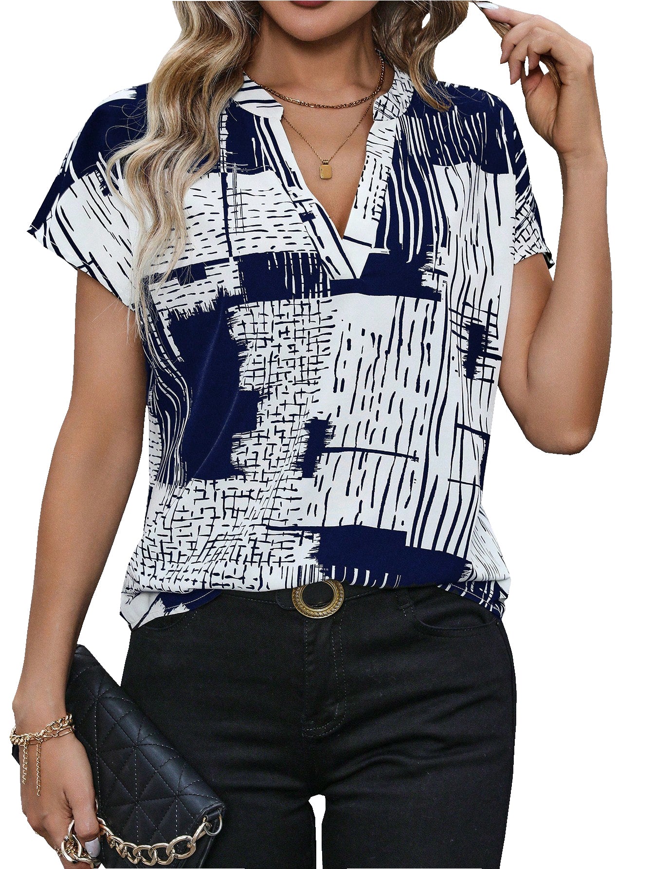 Women's & Girl's Blue and Black Keyhole Neck Short Sleeve Regular Tops