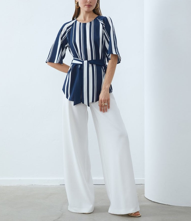 Alonic Women's Navy Blue and White Striped Peplum Top