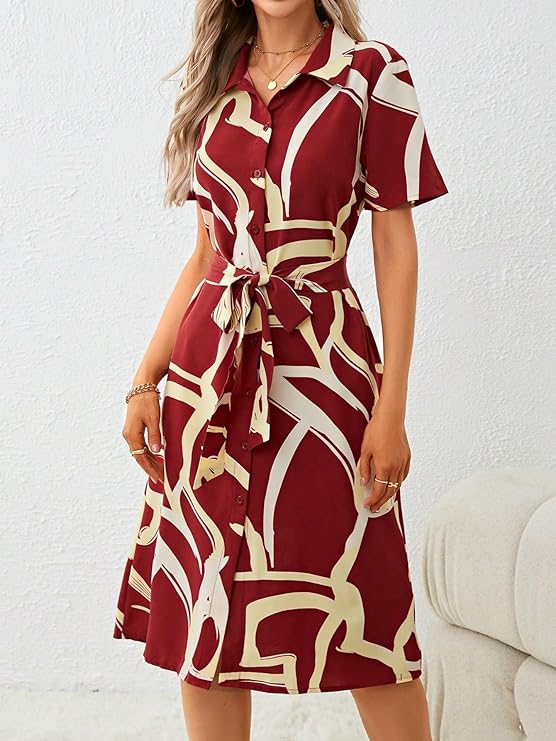 Alonic Dress for Women Printed Midi Dress with V-Neck