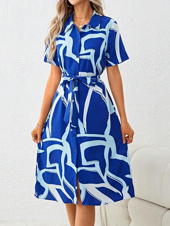 Alonic Dress for Women Printed Midi Dress with V-Neck