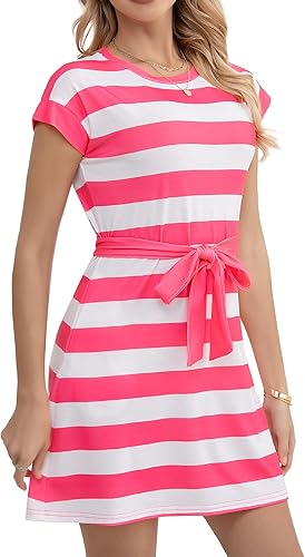 Alonic Womens Summer Dresses Striped Crewneck Short Sleeve T Shirt Dress Casual Tie Waist A Line