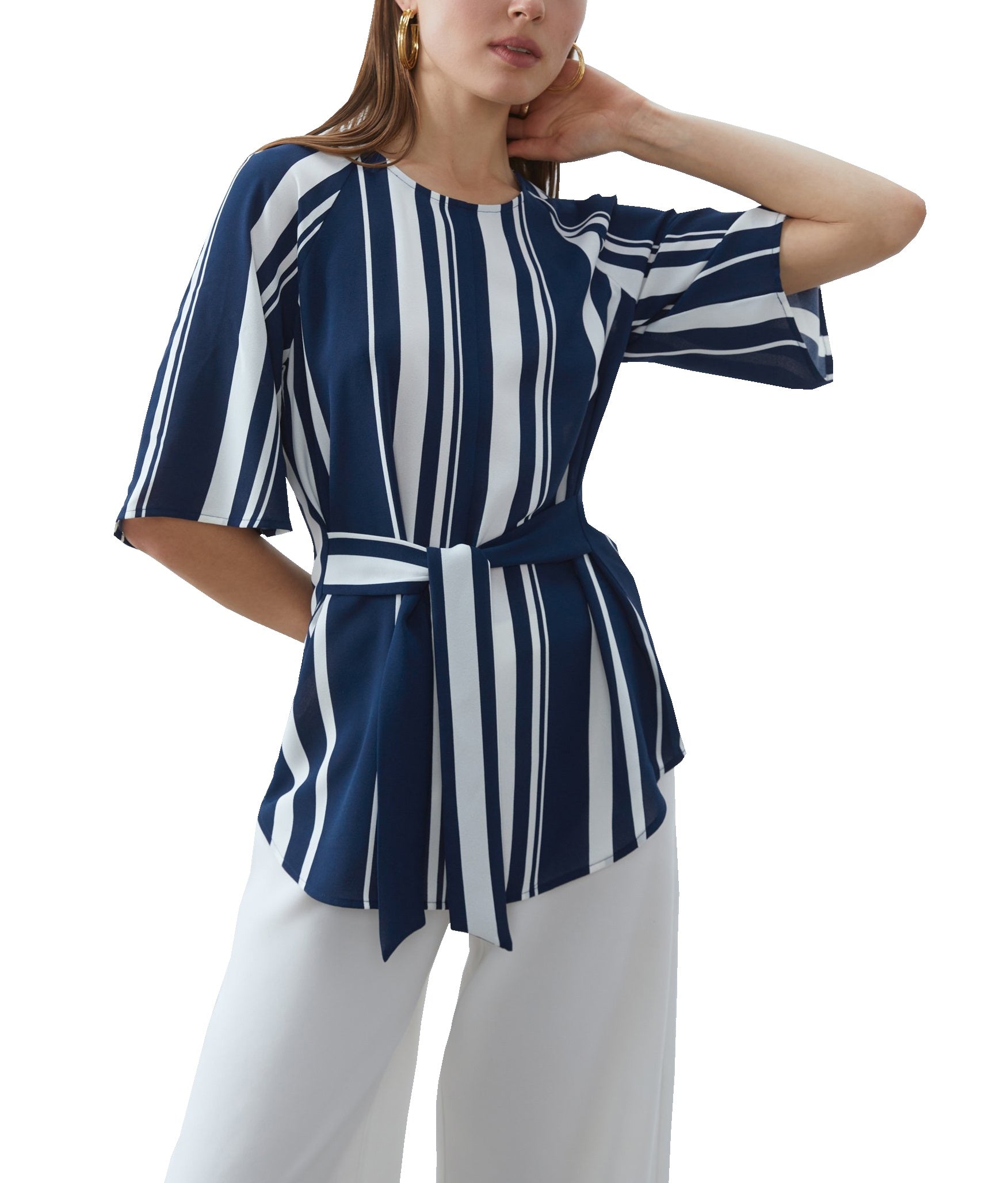 Alonic Women's Navy Blue and White Striped Peplum Top