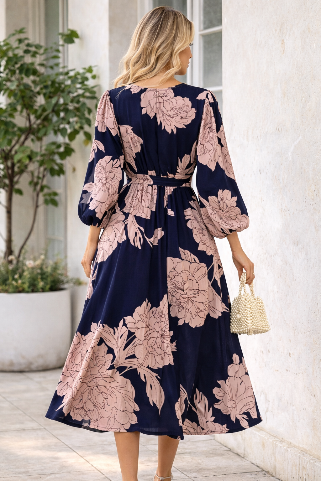 Alonic Fab Navy Blue Floral Print Long Sleeve Midi Dress for Women