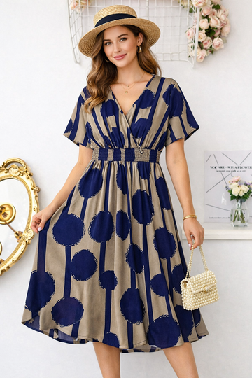 Alonic Fab Classic Navy Dot V-Neck Midi Dress