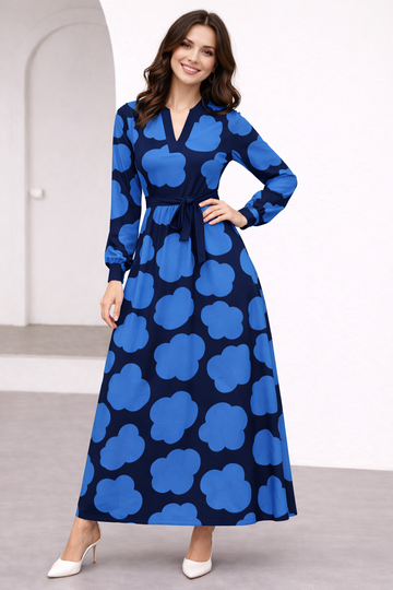 Alonic fab Women’s Navy Blue Cloud Print V-Neck Maxi Dress