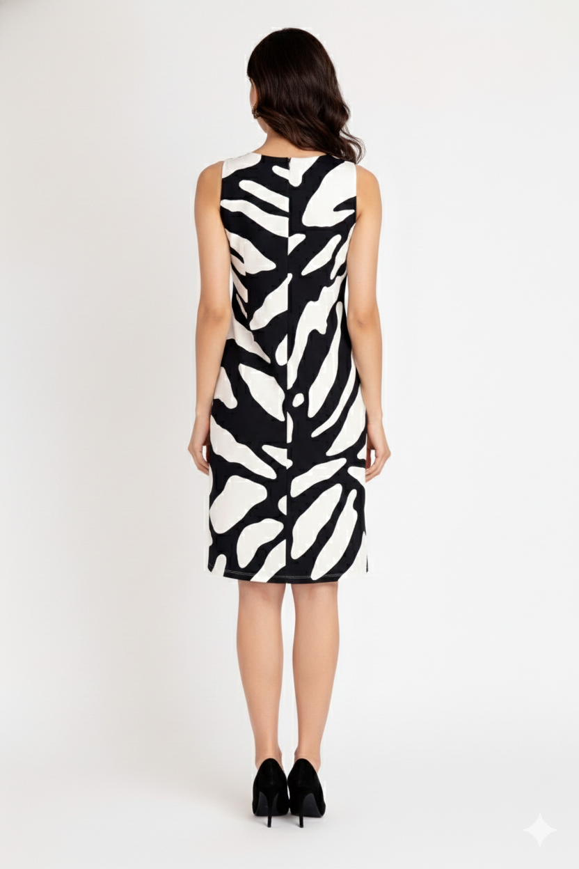 Black & White Abstract Print Sleeveless Midi Dress for Women – Smart Casual Wear