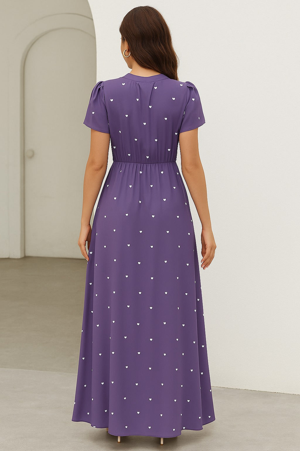 Alonic Fab Purple Heart Print Maxi Dress with Waist Tie