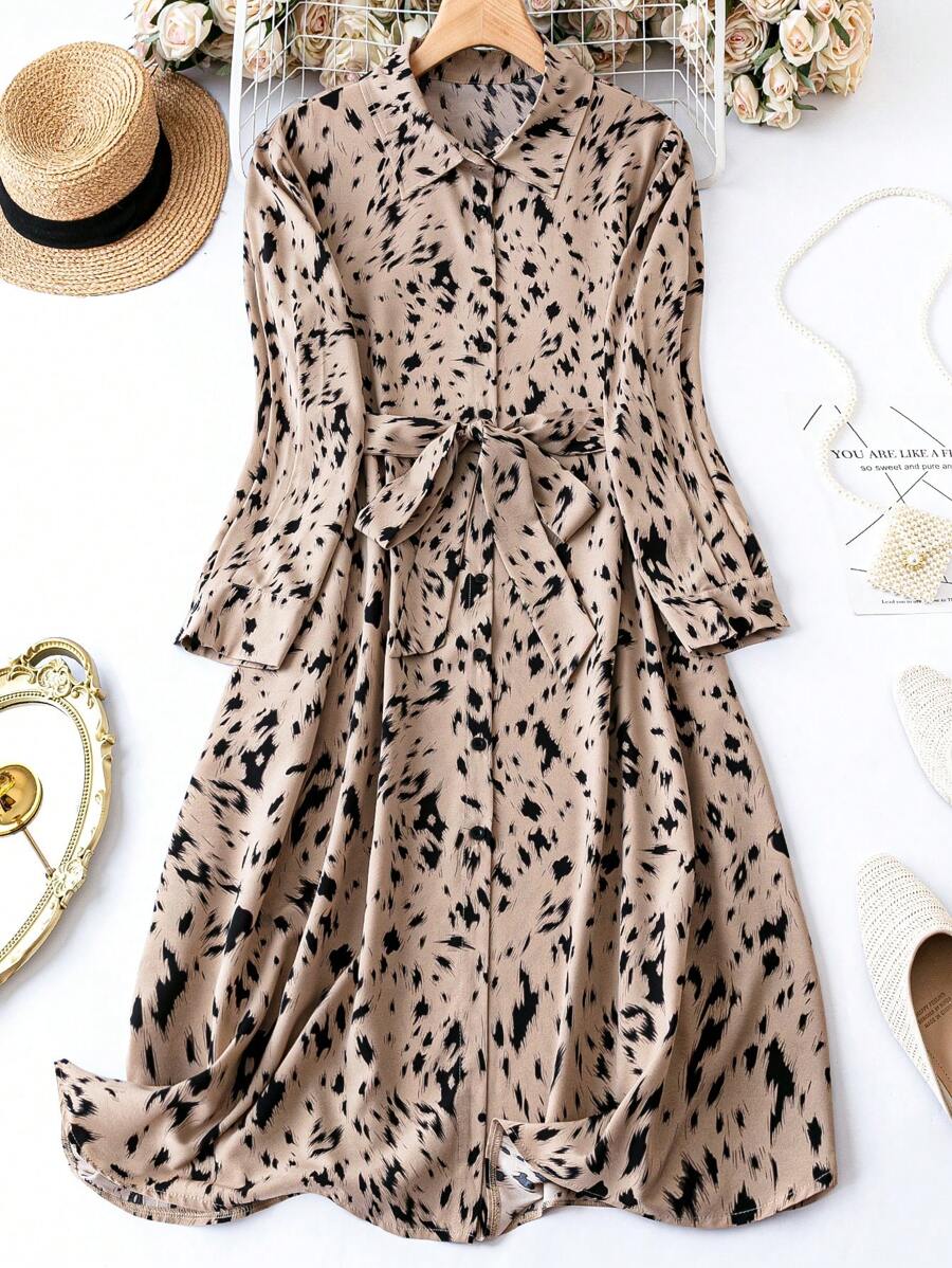 Alonic Fab Elegant Beige Animal Print Shirt Dress with Waist Tie