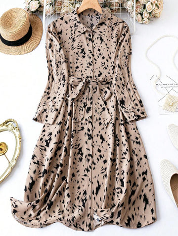 Alonic Fab Elegant Beige Animal Print Shirt Dress with Waist Tie