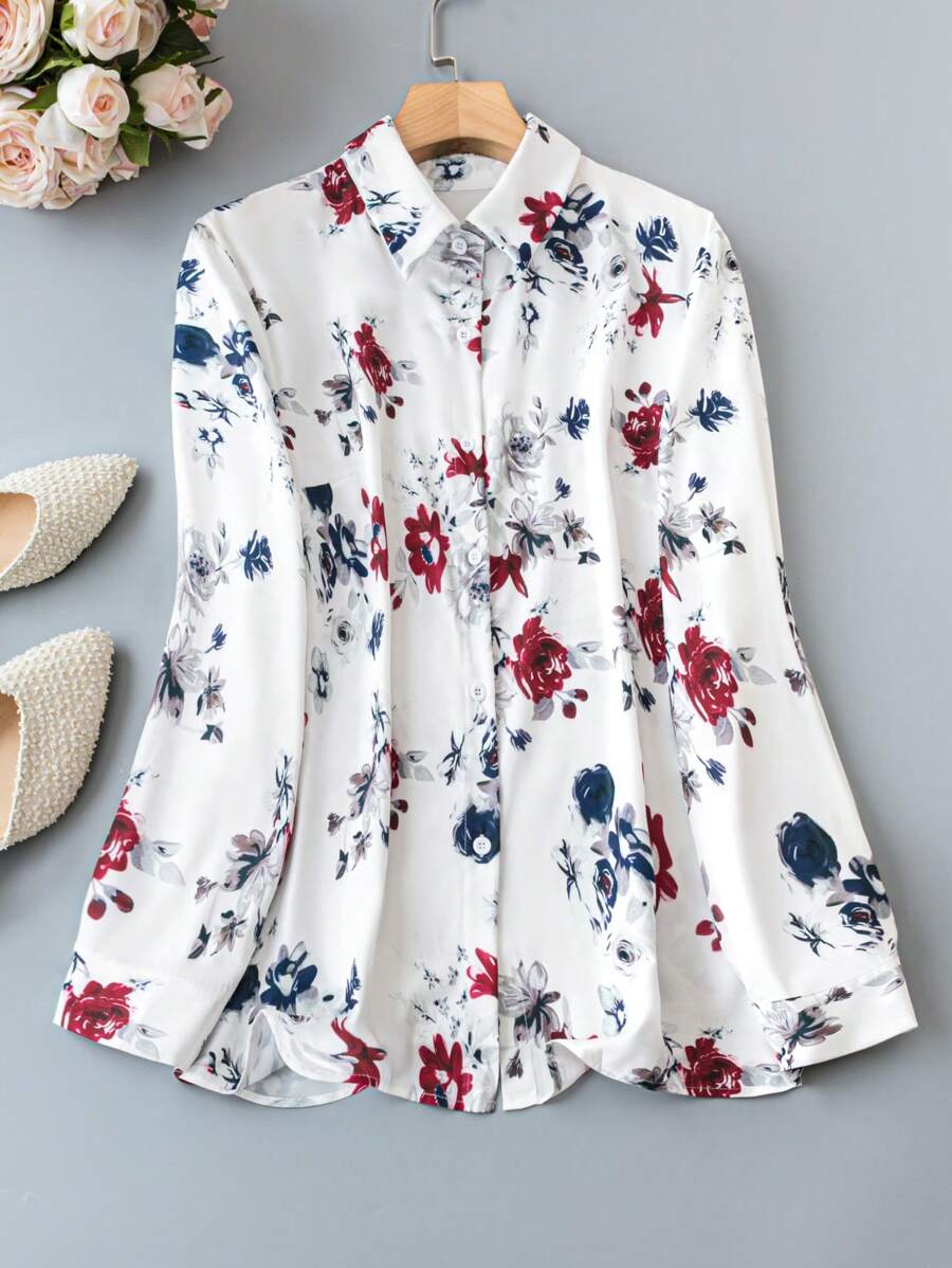 Alonic Fab White Floral Print  Shirt Top with Long Sleeves