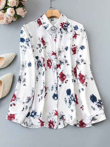 Alonic Fab White Floral Print  Shirt Top with Long Sleeves