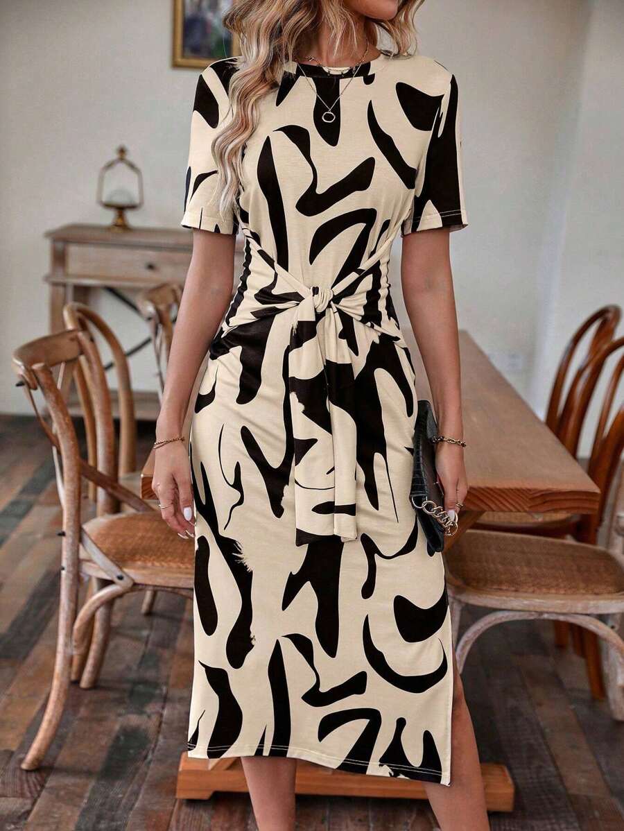 Alonic Fab Short-Sleeve Abstract Print Midi Dress with Front Knot