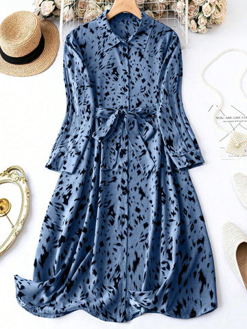 Alonic Fab Elegant Beige Animal Print Shirt Dress with Waist Tie