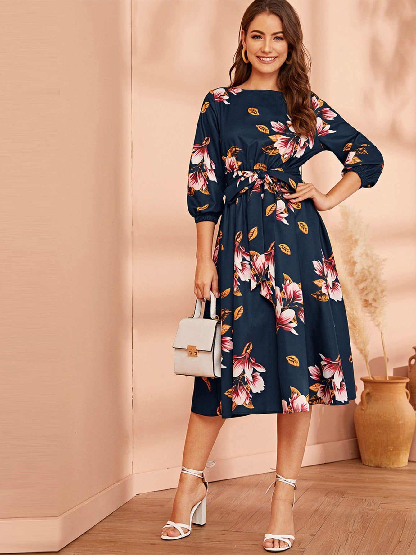 Alonic Fab Elegant Floral Print Midi Dress with Waist Tie and 3/4 Sleeves