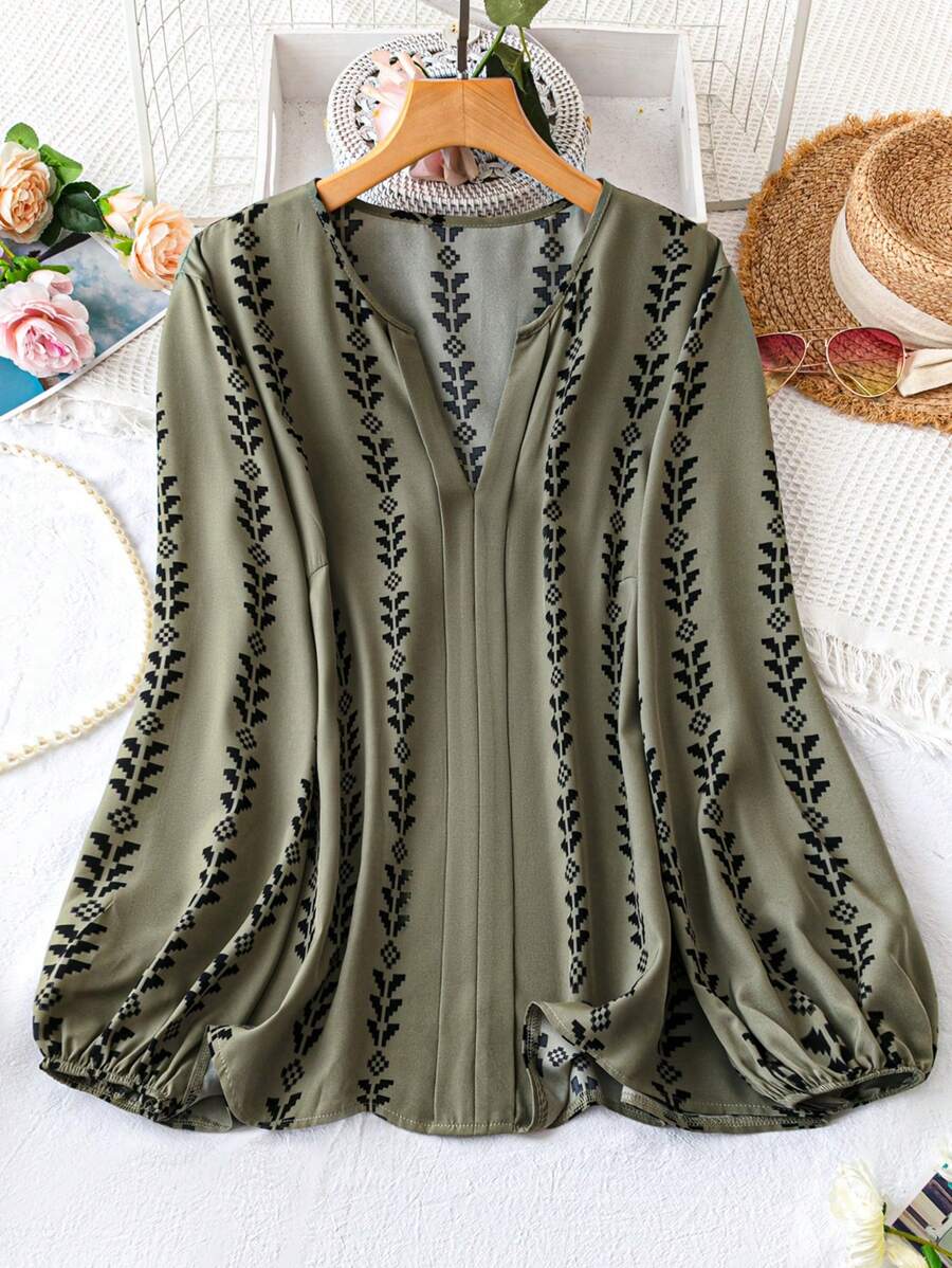Alonic Fab Boho Chic Olive Green Printed V-Neck Blouse with Balloon Sleeves