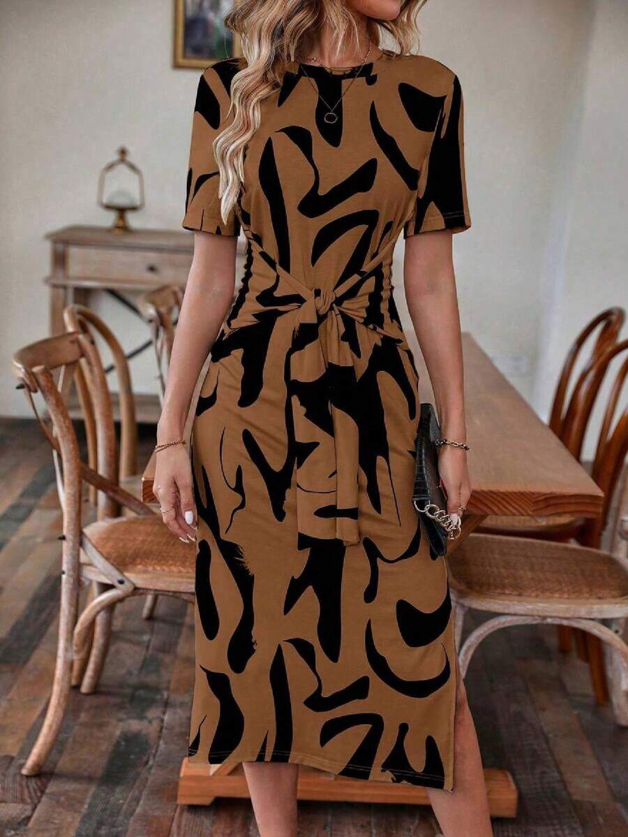 Alonic Fab Elegant Abstract Print Midi Dress with Waist Tie – Brown & Black