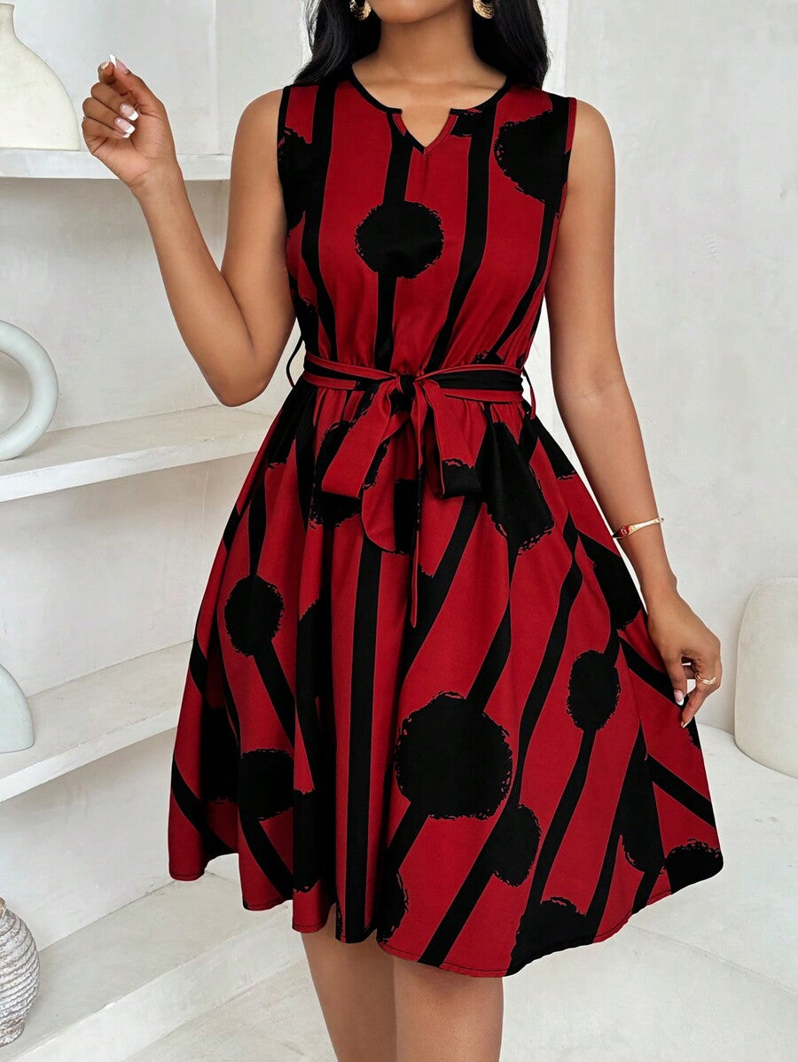 Alonic Fab Elegant Red and Black Sleeveless Belted A-Line Dress