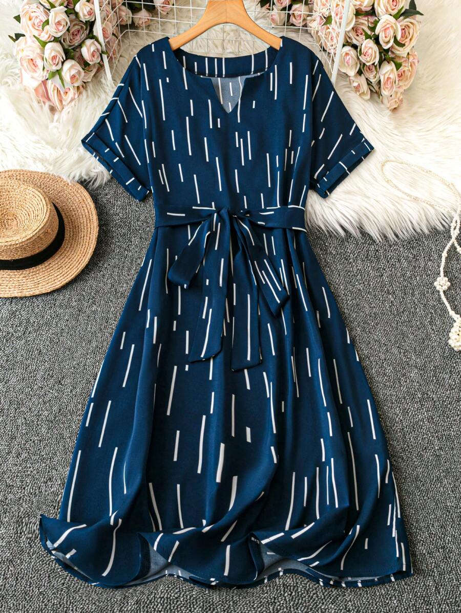 Alonic Fab Navy Blue Belted Midi Dress with Abstract Stripe Print