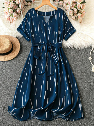 Alonic Fab Navy Blue Belted Midi Dress with Abstract Stripe Print