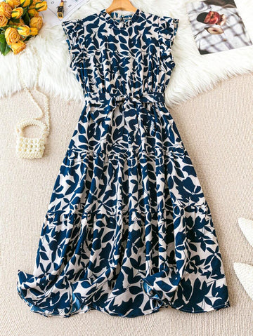 Alonic Fab Navy Blue & White Leaf Print Midi Dress with Belt and Flutter Sleeves