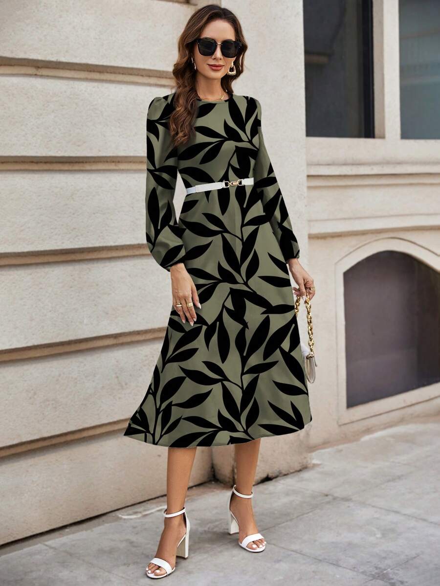 Alonic Fab Elegant Olive Green Midi Dress with Black Leaf Print & Belted Waist