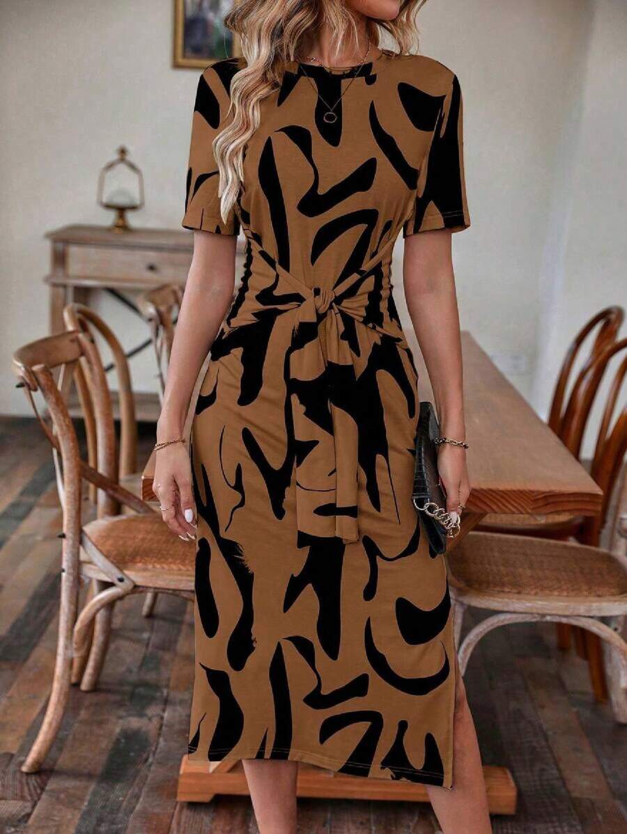 Alonic Fab Brown Abstract Print Tie-Up Waist Midi Dress