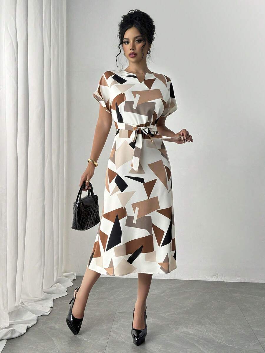 Alonic Fab Elegant Geometric Print Belted Midi Dress – Chic & Stylish