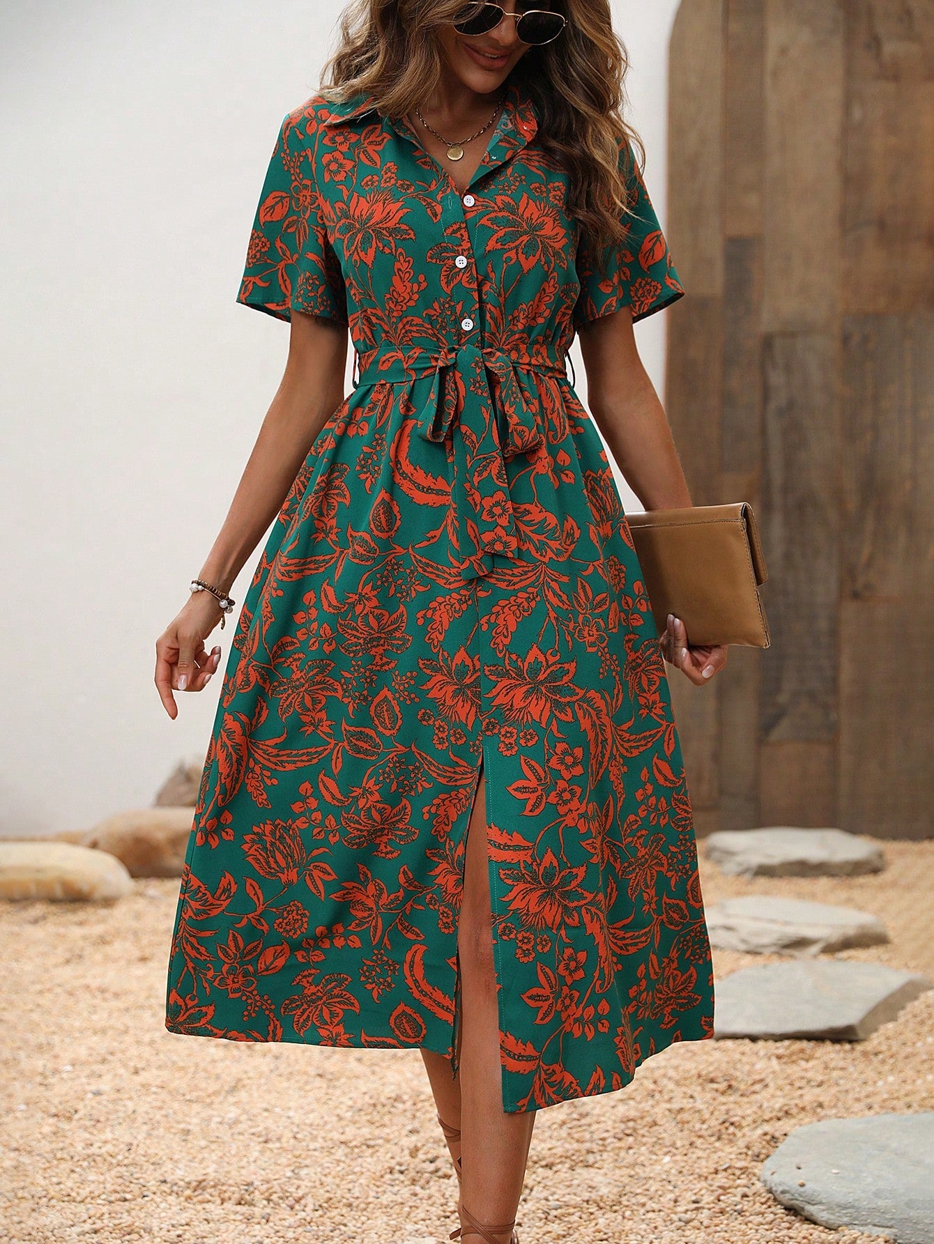 Alonic Fab Vintage Floral Print Button-Up Midi Dress with Waist Tie