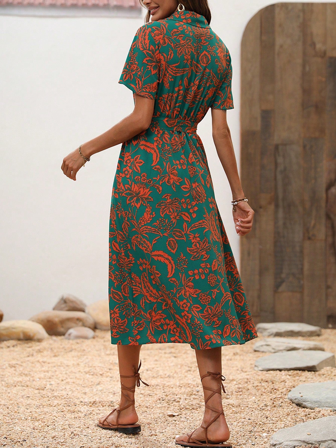 Alonic Fab Vintage Floral Print Button-Up Midi Dress with Waist Tie