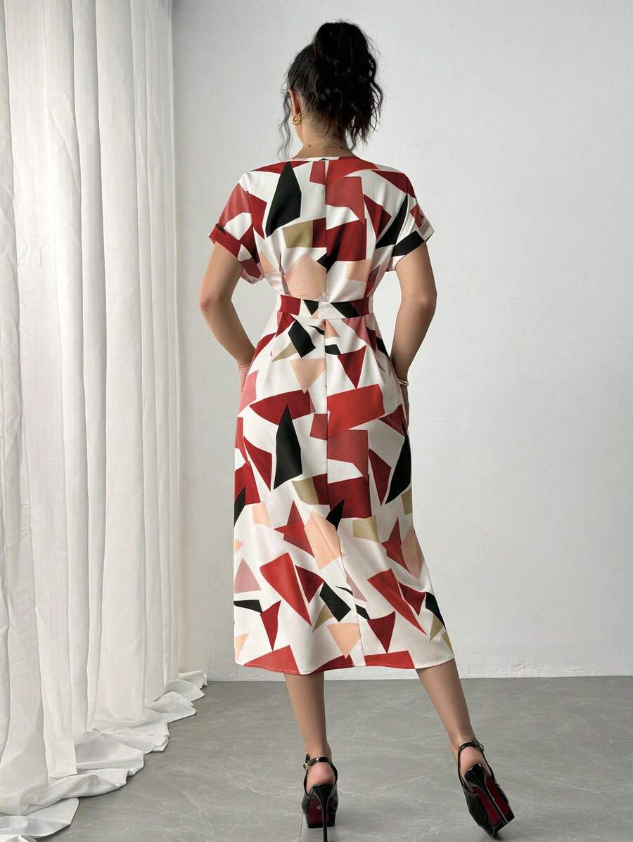 Alonic Fab Elegant Geometric Print Belted Midi Dress – Chic & Stylish