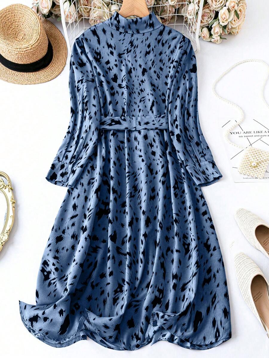 Alonic Fab Elegant Beige Animal Print Shirt Dress with Waist Tie