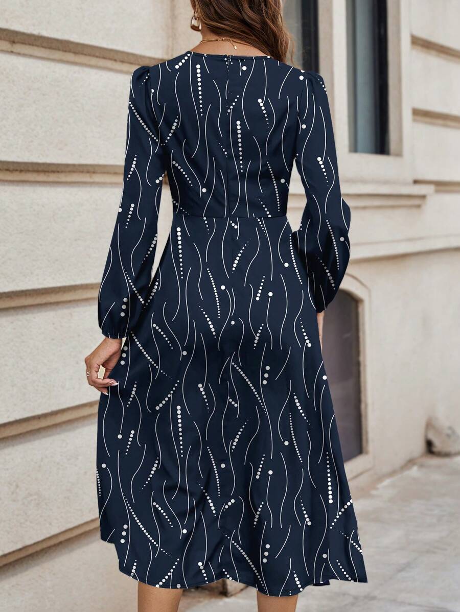 Alonic Fab Elegant Navy Blue Midi Dress with Abstract Dot and Line Print – Long Sleeve, High Waist