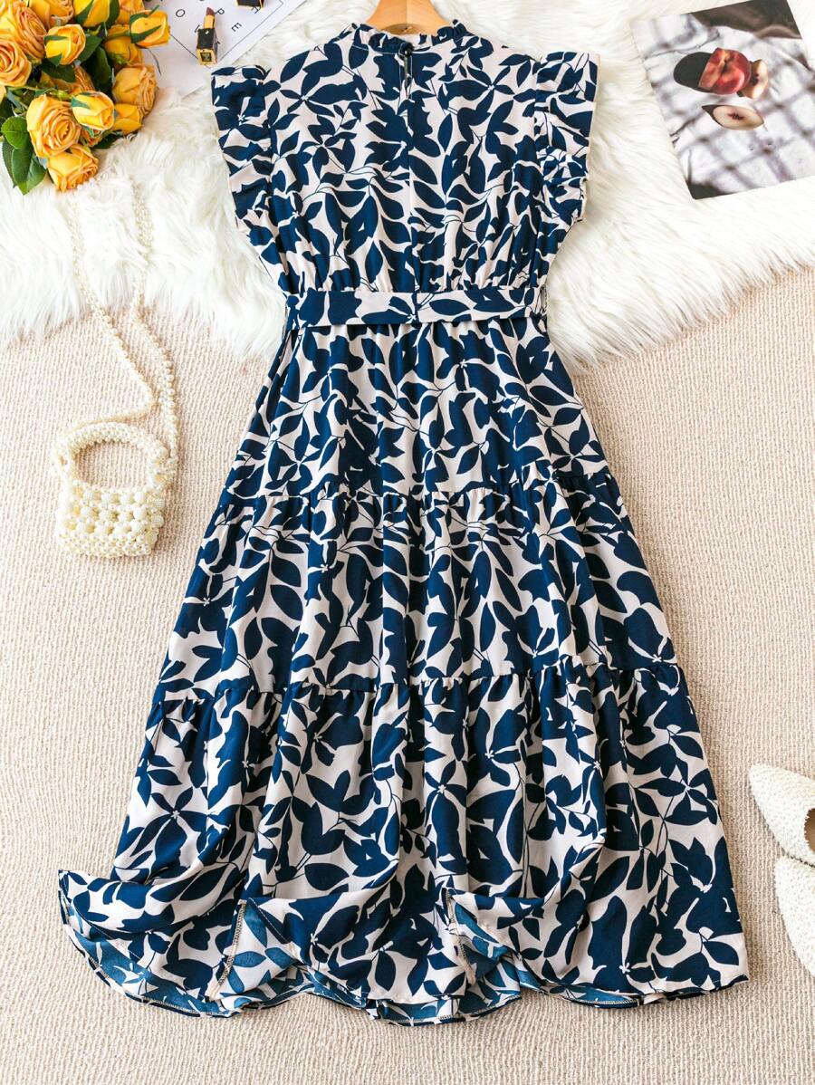 Alonic Fab Navy Blue & White Leaf Print Midi Dress with Belt and Flutter Sleeves