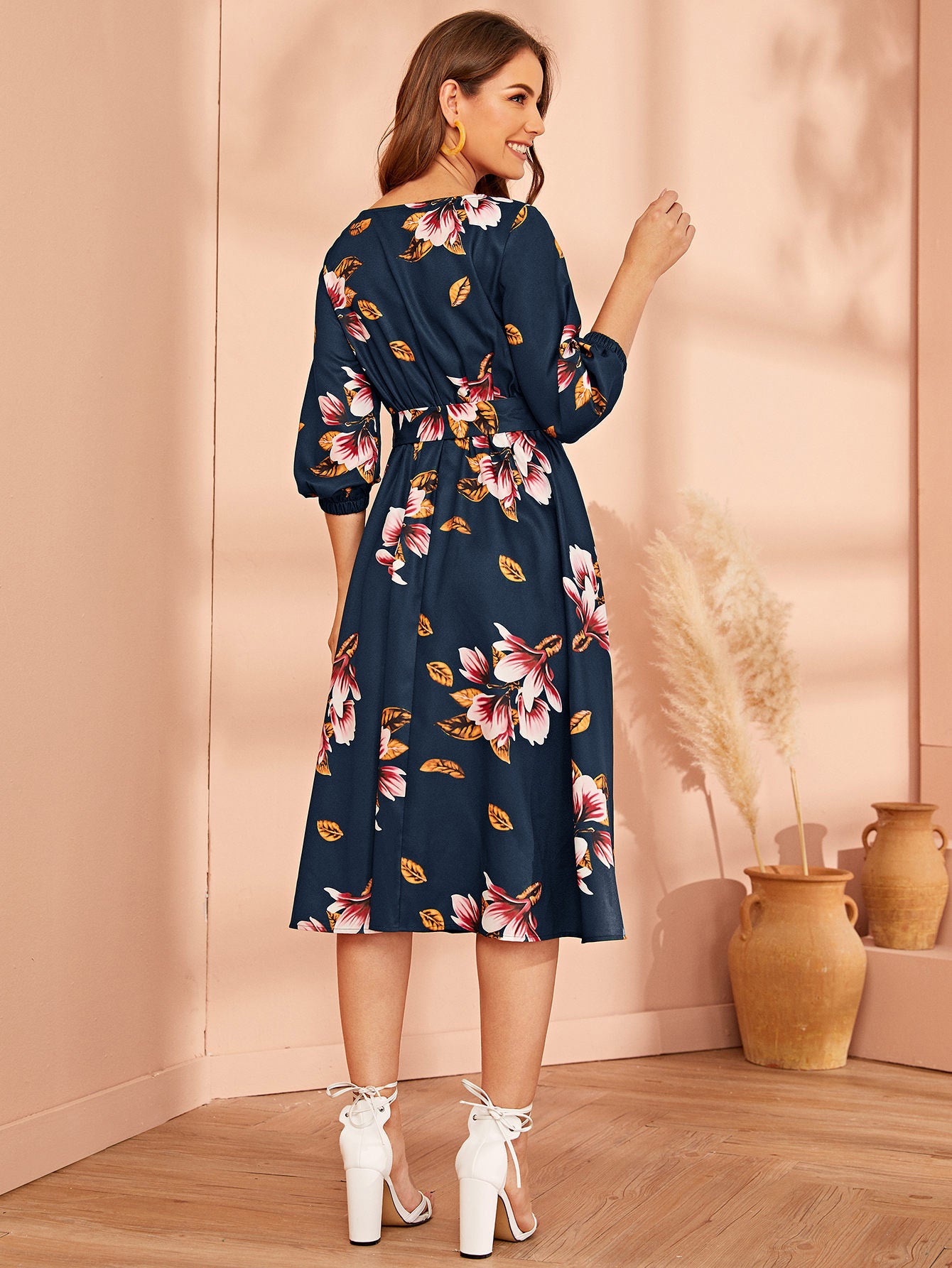 Alonic Fab Elegant Floral Print Midi Dress with Waist Tie and 3/4 Sleeves