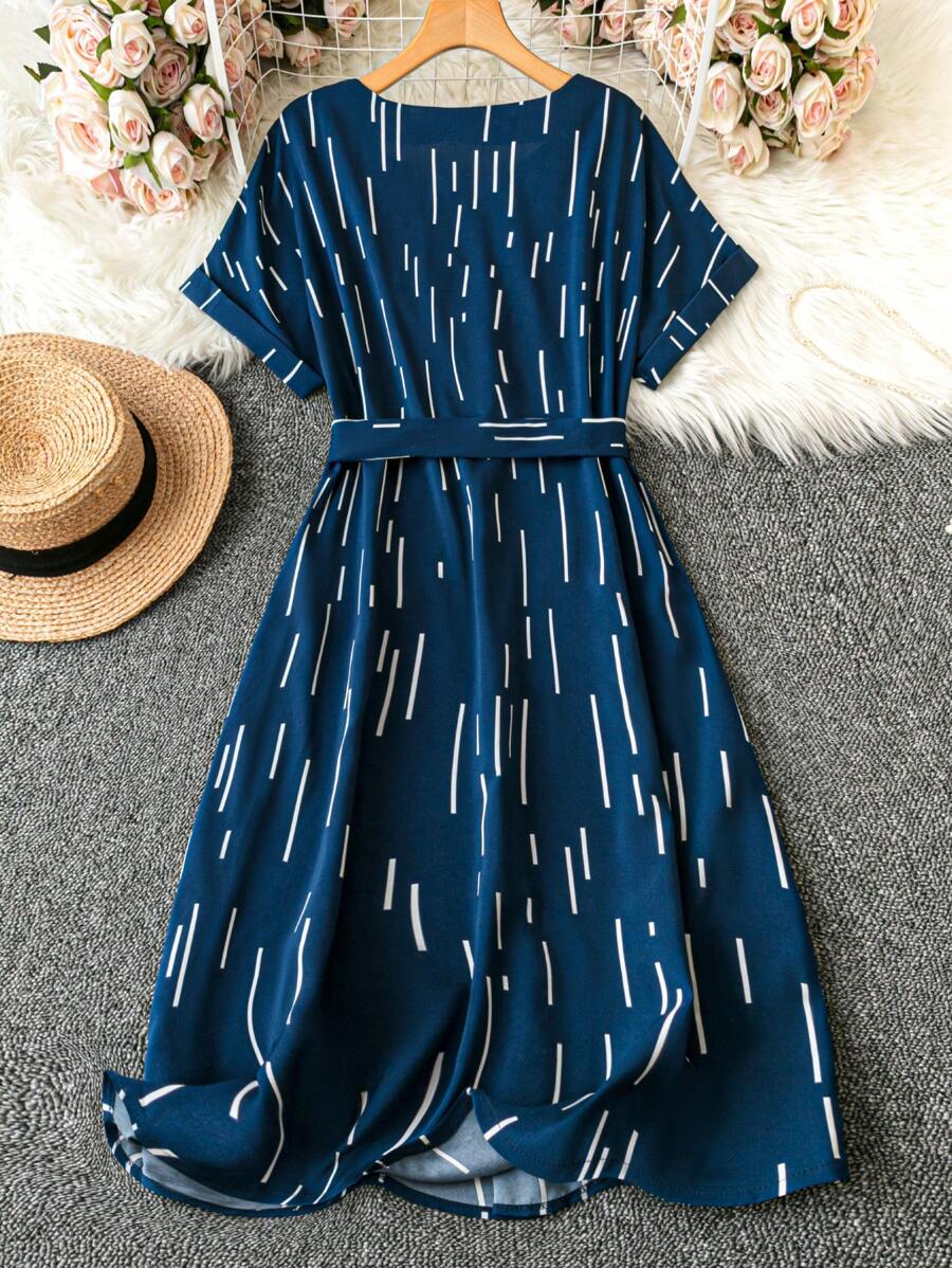 Alonic Fab Navy Blue Belted Midi Dress with Abstract Stripe Print