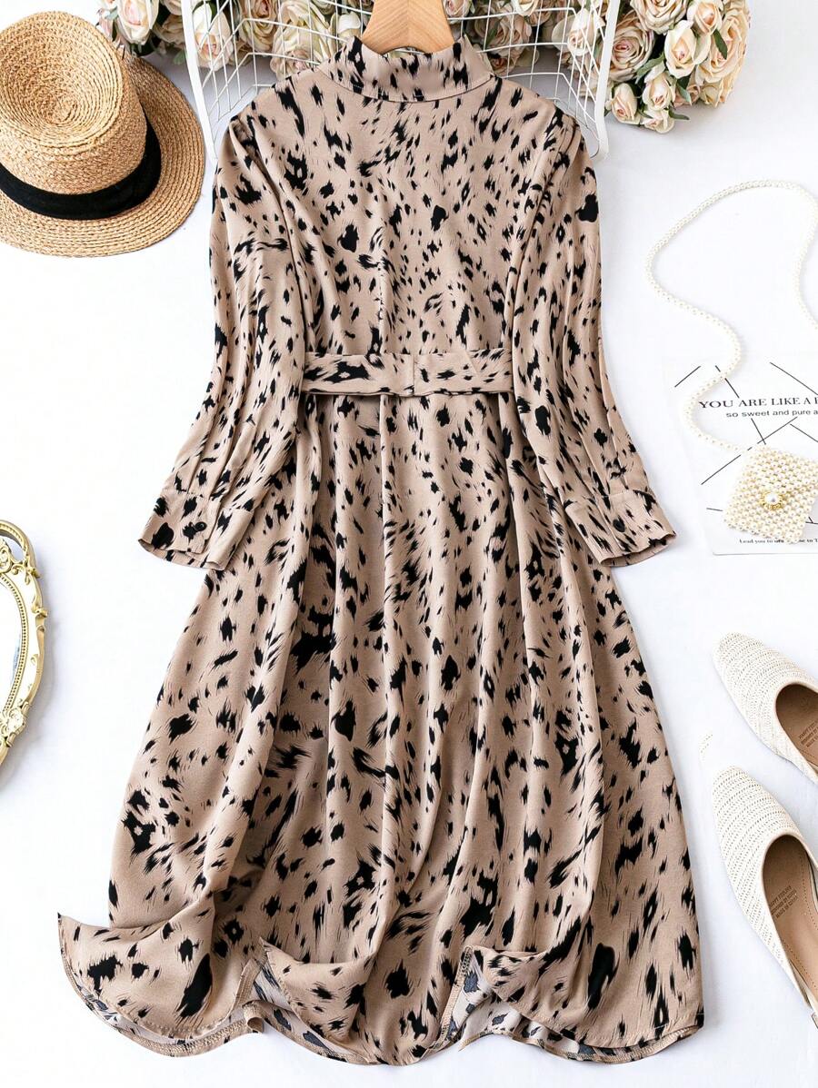 Alonic Fab Elegant Beige Animal Print Shirt Dress with Waist Tie