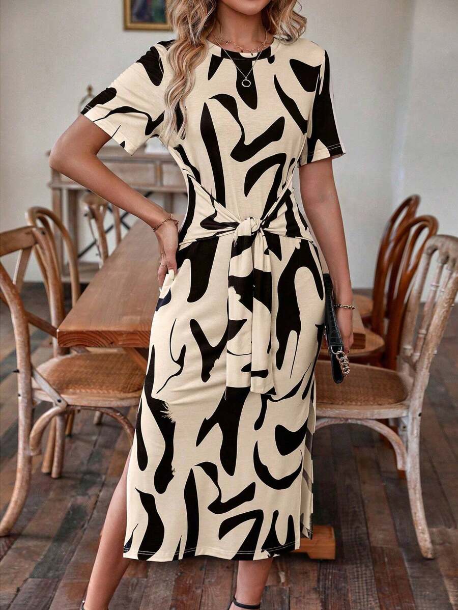 Alonic Fab Short-Sleeve Abstract Print Midi Dress with Front Knot