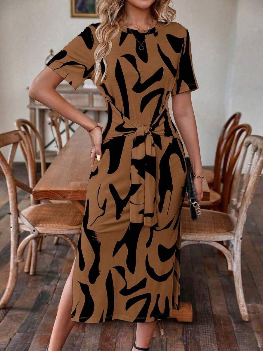 Alonic Fab Elegant Abstract Print Midi Dress with Waist Tie – Brown & Black