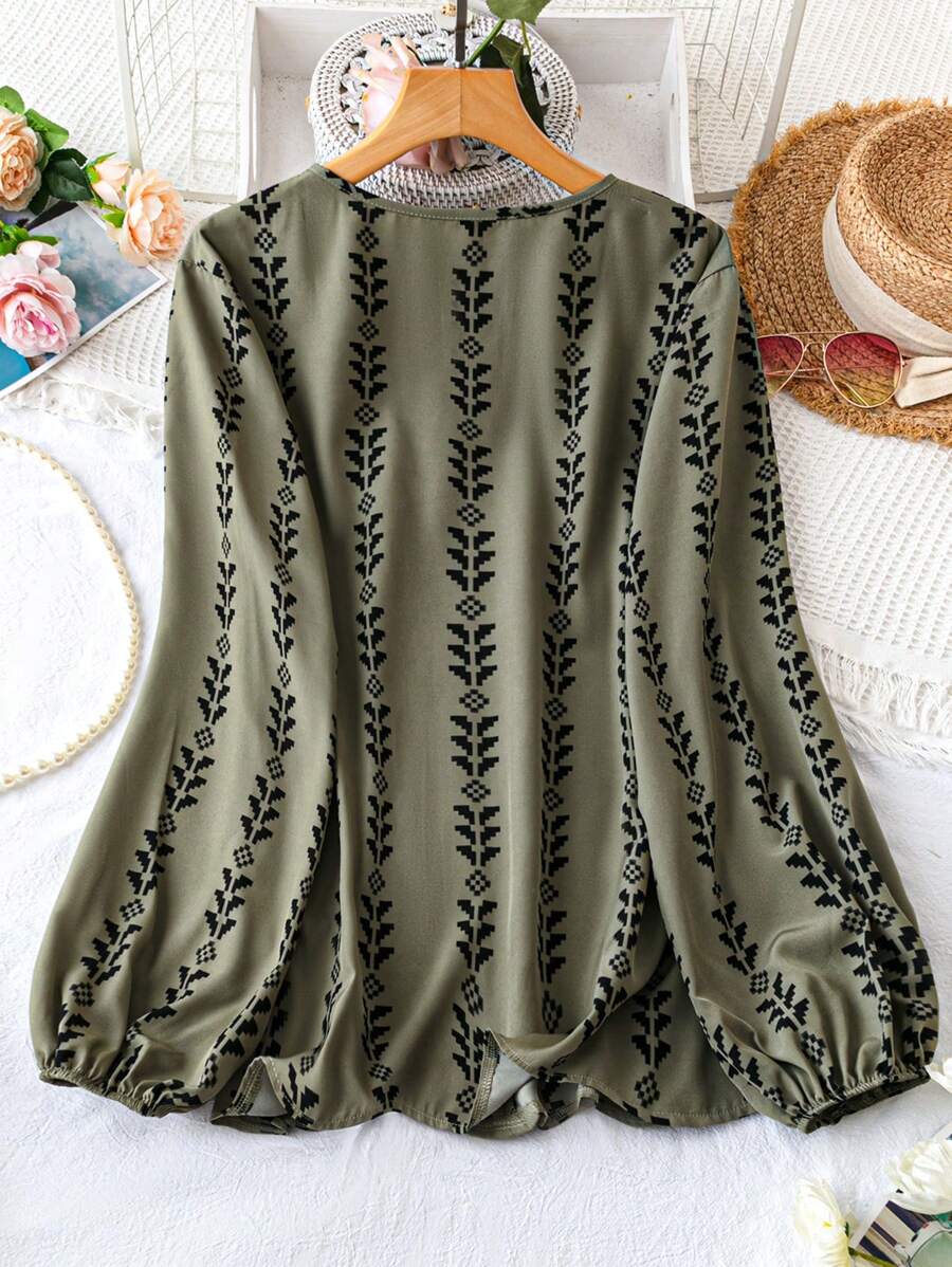 Alonic Fab Boho Chic Olive Green Printed V-Neck Blouse with Balloon Sleeves