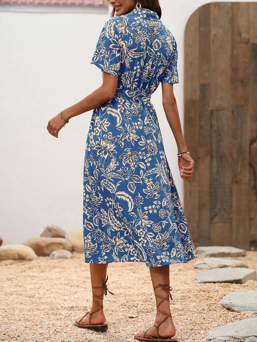 Alonic Fab Floral Print Button-Up Shirt Dress with Waist Tie and Side Slit