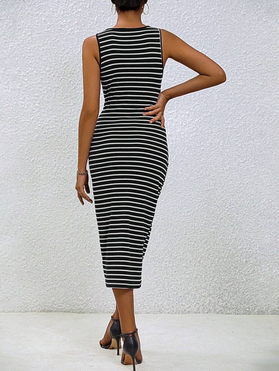 Alonic Fab Striped Sleeveless Midi Dress with Side Knot Detail