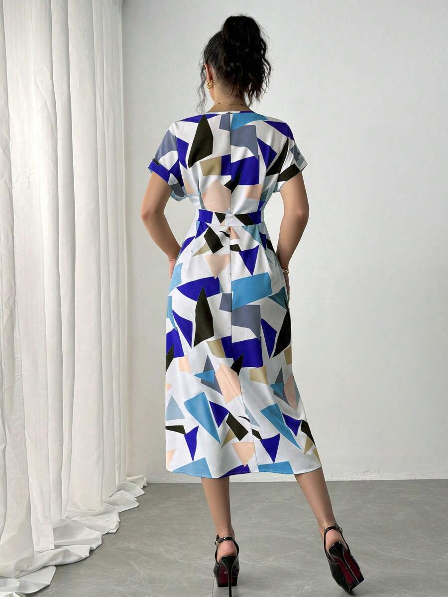 Alonic Fab Elegant Geometric Print Belted Midi Dress – Chic & Stylish