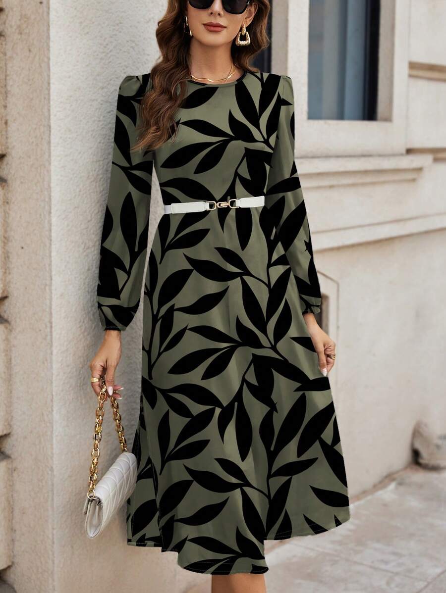 Alonic Fab Elegant Olive Green Midi Dress with Black Leaf Print & Belted Waist